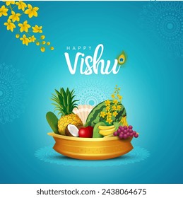 Feliz Vishu saludos. 14 de abril Festival de Kerala con Vishu Kani, vishu flor Frutas y verduras en una vasija de bronce.