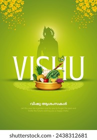 Happy Vishu greetings. April 14 Kerala festival with Vishu Kani, vishu flower Fruits and vegetables in a bronze vessel. vector illustration design (Malayalam translation: happy vishu)