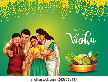 Happy Vishu greetings. April 14 Kerala festival with Vishu Kani, vishu flower Fruits and vegetables in a bronze vessel with kerala family. abstract vector illustration design