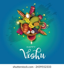 Happy Vishu greetings. April 14 Kerala festival with Vishu Kani, vishu flower Fruits and vegetables in a bronze vessel. abstract vector illustration design