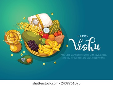 Happy Vishu greetings. April 14 Kerala festival with Vishu Kani, vishu flower Fruits and vegetables in a bronze vessel. abstract vector illustration design