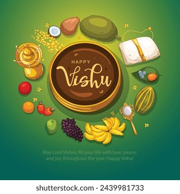 Happy Vishu greetings. April 14 Kerala festival with Vishu Kani, vishu flower Fruits and vegetables in a bronze vessel. abstract vector illustration design