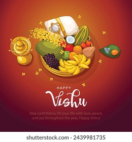 Happy Vishu greetings. April 14 Kerala festival with Vishu Kani, vishu flower Fruits and vegetables in a bronze vessel. abstract vector illustration design