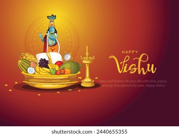 Happy Vishu greetings. April 14 Kerala festival with Vishu Kani, vishu flower Fruits and vegetables in a bronze vessel. abstract vector illustration design