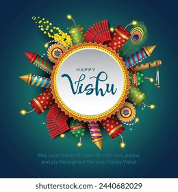 Happy Vishu greetings. April 14 Kerala festival with crackers. abstract vector illustration design
