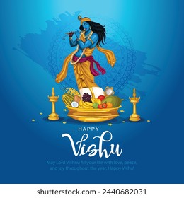 Happy Vishu greetings. April 14 Kerala festival with Vishu Kani, vishu flower Fruits and vegetables in a bronze vessel. abstract vector illustration design