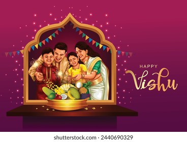 Happy Vishu greetings. April 14 Kerala festival with Vishu Kani, vishu flower Fruits and vegetables in a bronze vessel with kerala family. abstract vector illustration design