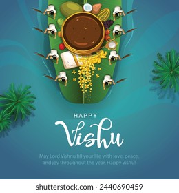 Happy Vishu greetings. April 14 Kerala festival with Vishu Kani, vishu flower Fruits and vegetables in a bronze vessel. abstract vector illustration design