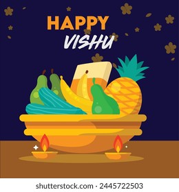 Happy Vishu greetings. April 14 Kerala festival with Vishu Kani, vishu flower Fruits and vegetables in a bronze vessel.