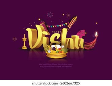 Happy Vishu greetings. April 14 Kerala festival with Vishu Kani, vishu flower Fruits and vegetables in a bronze vessel. abstract vector illustration design