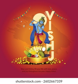 Happy Vishu greetings. April 14 Kerala festival with Vishu Kani, vishu flower Fruits and vegetables in a bronze vessel. abstract vector illustration design