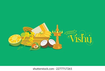 Happy Vishu greetings concept with illustration. April 14 Kerala festival with Vishu Kani, Vishu flower, Fruits and vegetables.