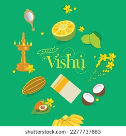 Happy Vishu greetings Design Cocept.  On April 14 people of Indian state Kerala, celebrates the Vishu festival with Vishu Kani, vishu flower Fruits etc.