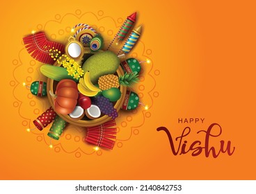 feliz saludo vishu. la decoración de frutas con petardos. diseño de ilustración vectorial