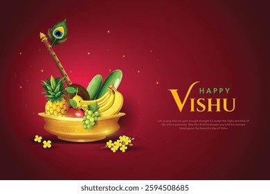 happy vishu greetings. fruits decoration bowl with flute. Red background with copy space. vector illustration design