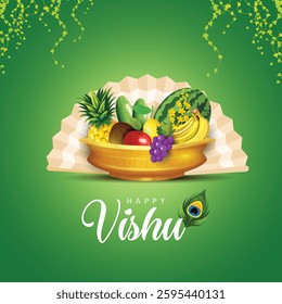 Happy vishu greetings. fruits decoration bowl. Kerala vishu festival vishukkani graphics. Creative vector illustration design.