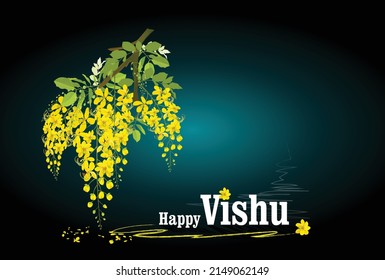 Happy Vishu greetings, Kanikkonna or vishu design vector illustration, bunch of kanikkonna , konnappoovu with leaves, golden shower flower - cassia fistula, vishu kerala traditional festival