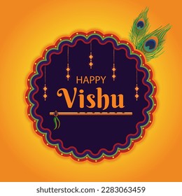 Happy Vishu Kani Hindu Festival Typography Mandala Graphic Resource with flute and peacock feathers. April 14 Vector Illustration. Website, social media posts, greeting cards, poster ethnic art design