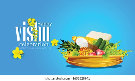 Happy Vishu, Kerala festival with Vishu Kani,vishu flower Fruits and vegetables in a bronze vessel,worship of krishna