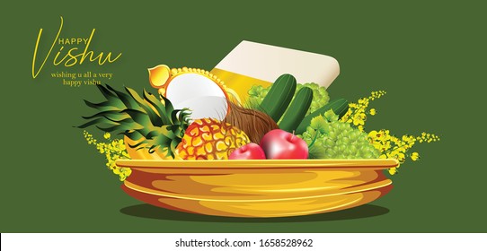 Feliz Vishu, festival de Kerala con Vishu Kani,vishu flor Frutas y verduras en un vaso de bronce, adoración de krishna