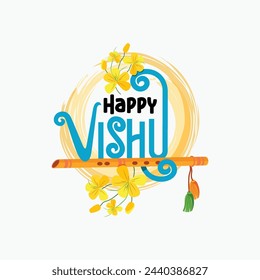 Happy Vishu Typography Design with Flower and Flute