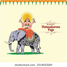 Happy Vishwakarma Puja, who is believed to be the architect of the universe. banner,  Vector Illustration of lord Vishwakarma