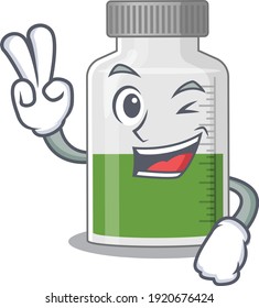 Happy vitamin syrup cartoon design concept show two fingers