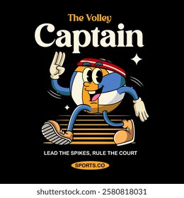 Happy Volleyball Sport mascot and slogans cartoon character in Vintage Style