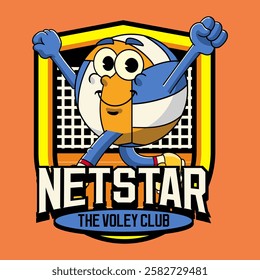 Happy Volleyball Sport mascot and slogans cartoon character in Vintage Style