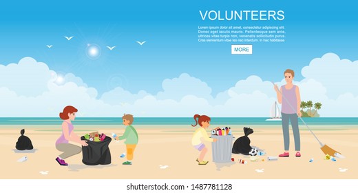 Happy volunteer family collecting rubbish on beach.Family clean the beach.People put away garbage, trash and rubbish. care about environment concept vector illustration. 