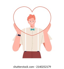 Feliz voluntario sosteniendo un gran corazón. Filantropía, caridad y concepto de donación. Altruista personal apoya, comparte amor, dona, da ayuda. Ilustración vectorial plana aislada en fondo blanco