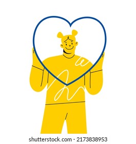 Happy volunteer holding big heart. Philanthropy, charity and donation concept. Person altruist supporting, sharing love, donating, giving help. Vector illustration