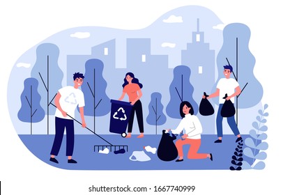 Happy volunteers collecting garbage in city park flat vector illustration. People cleaning environment nature in team. Ecology and clean planet concept