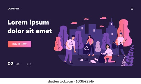Happy volunteers collecting garbage in city park flat vector illustration. People cleaning environment nature in team. Ecology and clean planet concept
