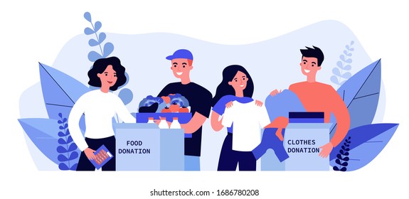 Happy volunteers donating clothes and food for charity flat vector illustration. Young volunteering team putting stuff into boxes for poor people. Kindness and generosity concept.