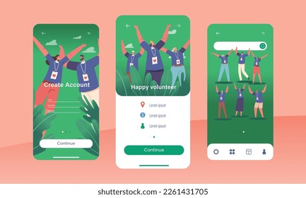 Frohes Volunteers Mobile App Page Onboard Screen Template. Fröhliche männliche und weibliche Charaktere feiern, das Glück von lächelnden Gesichter strahlend, Freudenkonzept. Vektorgrafik von Cartoon People