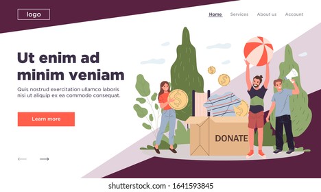 Happy volunteers packing donation box. Young people donating clothes, money, books flat vector illustration. Charity, promotion, goodwill concept for banner, website design or landing web page