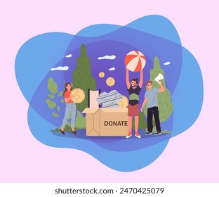 Happy volunteers packing donation box. Young people donating clothes, money, books flat vector illustration. Charity, promotion, goodwill concept for banner, website design or landing web page
