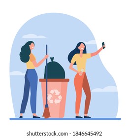 Happy volunteers picking garbage and taking selfie. Women with broom, trash bin, recycling flat vector illustration. Waste reducing, volunteering concept for banner, website design or landing web page