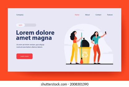 Happy volunteers picking garbage and taking selfie. Women with broom, trash bin, recycling flat vector illustration. Waste reducing, volunteering concept for banner, website design or landing web page