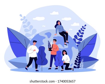 Happy volunteers planting trees. Potted plant, forest, planet care flat vector illustration. Ecology, environment, flora concept for banner, website design or landing web page