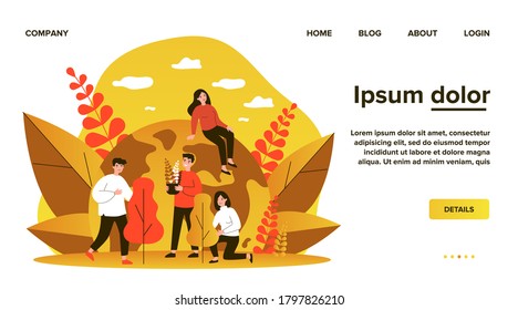 Happy volunteers planting trees. Potted plant, forest, planet care flat vector illustration. Ecology, environment, flora concept for banner, website design or landing web page
