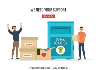 Happy volunteers stands near boxes with donations and humanitarian aid. Clothes donation to charity. Voluntary, social responsibility, support web concept. Landing page template. Vector illustration