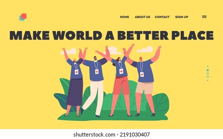Happy Volunteers Team Landing Page Template. Male and Female Characters From Social Charity Smiling Together. Men And Women Group with Donation Community Badges. Cartoon People Vector Illustration