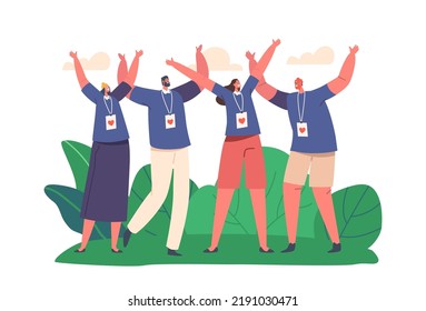 Happy Volunteers Team Of Male and Female Characters From Social Charity Service Standing Together. Smiling United Men And Women Group with Donation Community Badges. Cartoon People Vector Illustration