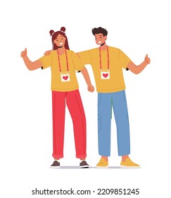 Happy Volunteers Team Male and Female Characters From Social Charity Service Stand Together. Smiling Joyful United Man And Woman with Donation Community Badges. Cartoon People Vector Illustration