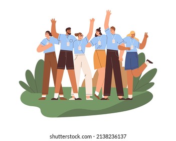 Happy volunteers team portrait. Group of people from social charity service standing together. Smiling united men and women, donation community. Flat vector illustration isolated on white background