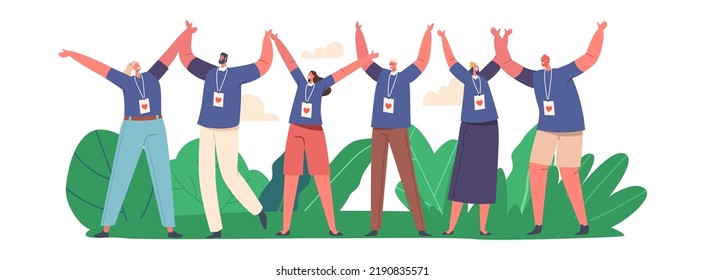 Happy Volunteers Team Rejoice. Joyful Male and Female Group From Social Charity Service Stand Together with Raised Arms. Smiling United Men And Women Community. Cartoon People Vector Illustration