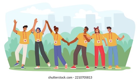 Happy Volunteers Team, Smiling United Men And Women Community Rejoice. Joyful Male and Female Group From Social Charity Service Stand Together with Raised Arms. Cartoon People Vector Illustration