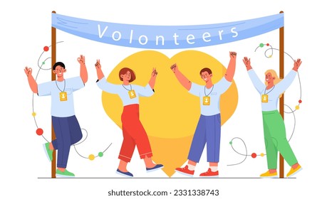 Happy volunteers team vector concept. Men and women stand in front of yellow heart. Charity, kindness and generosity. Care and support. Social services workers. Cartoon flat illustration